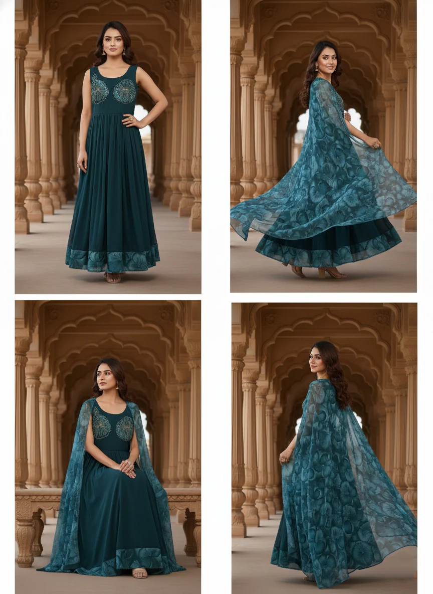Peacock Georgette Floral Printed Long Dress - Image 6