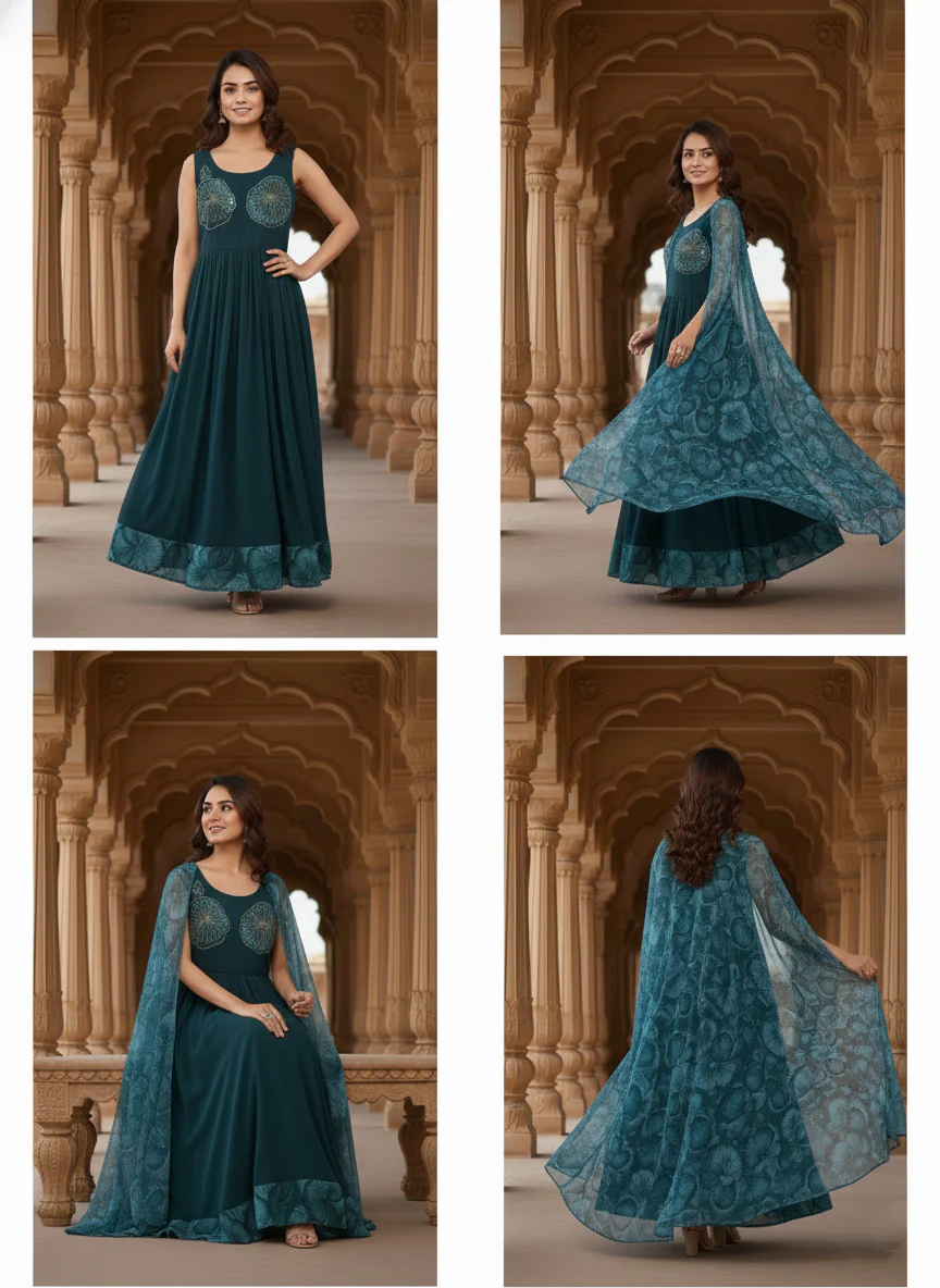 Peacock Georgette Floral Printed Long Dress - Image 7