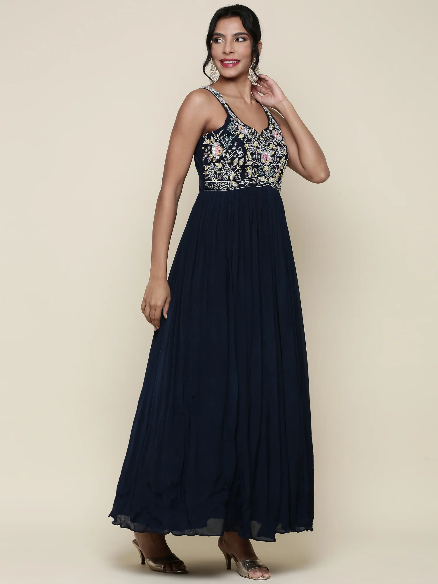 Peacock Georgette resham embroidered anarkali with jacket - Image 2