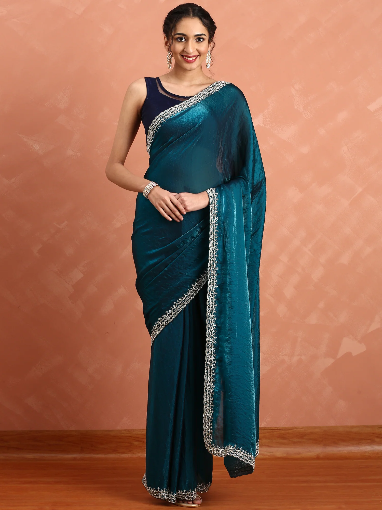 Peacock Jimmy saree with pearls & cut Dana embroidery - Image 4