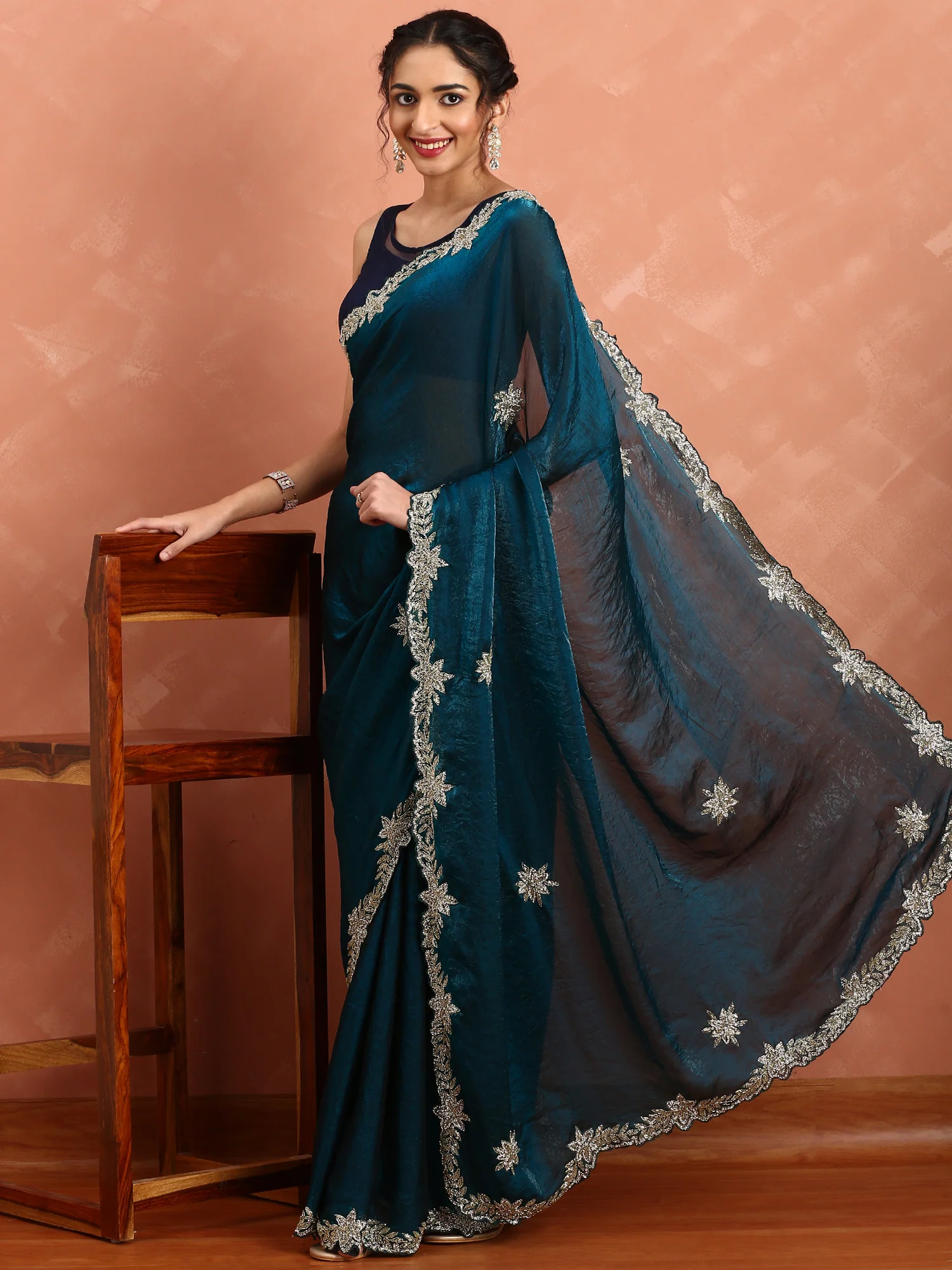 Peacock Jimmy Sheer Satin Safe Worn Cut Dana & Swarovski Hand Embroidery - Image 4