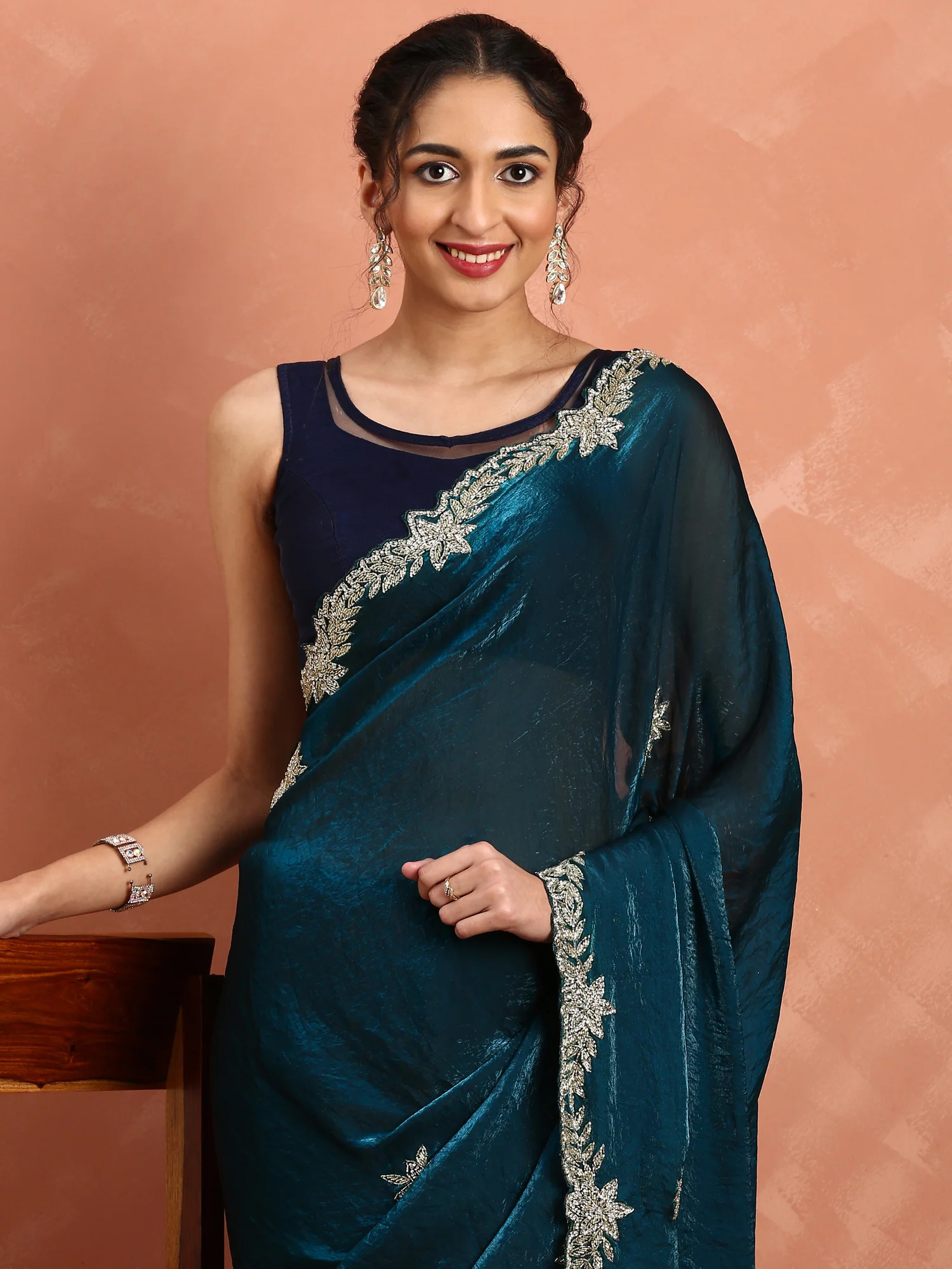 Peacock Jimmy Saree With Pearls Cut Dana And Swarovski Hand Embroidery - Image 3