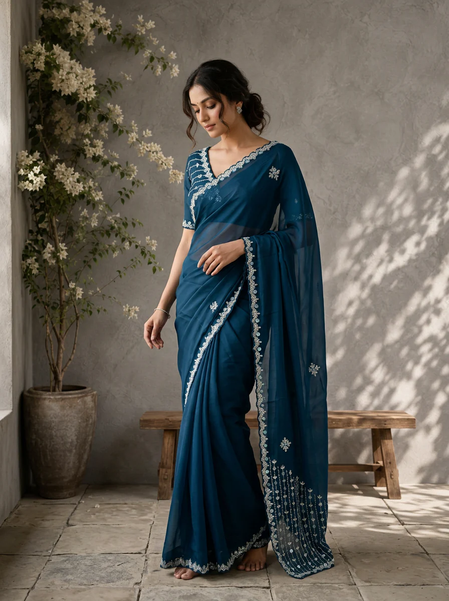 Peacock Organza Scattered Bead Embroidered Saree