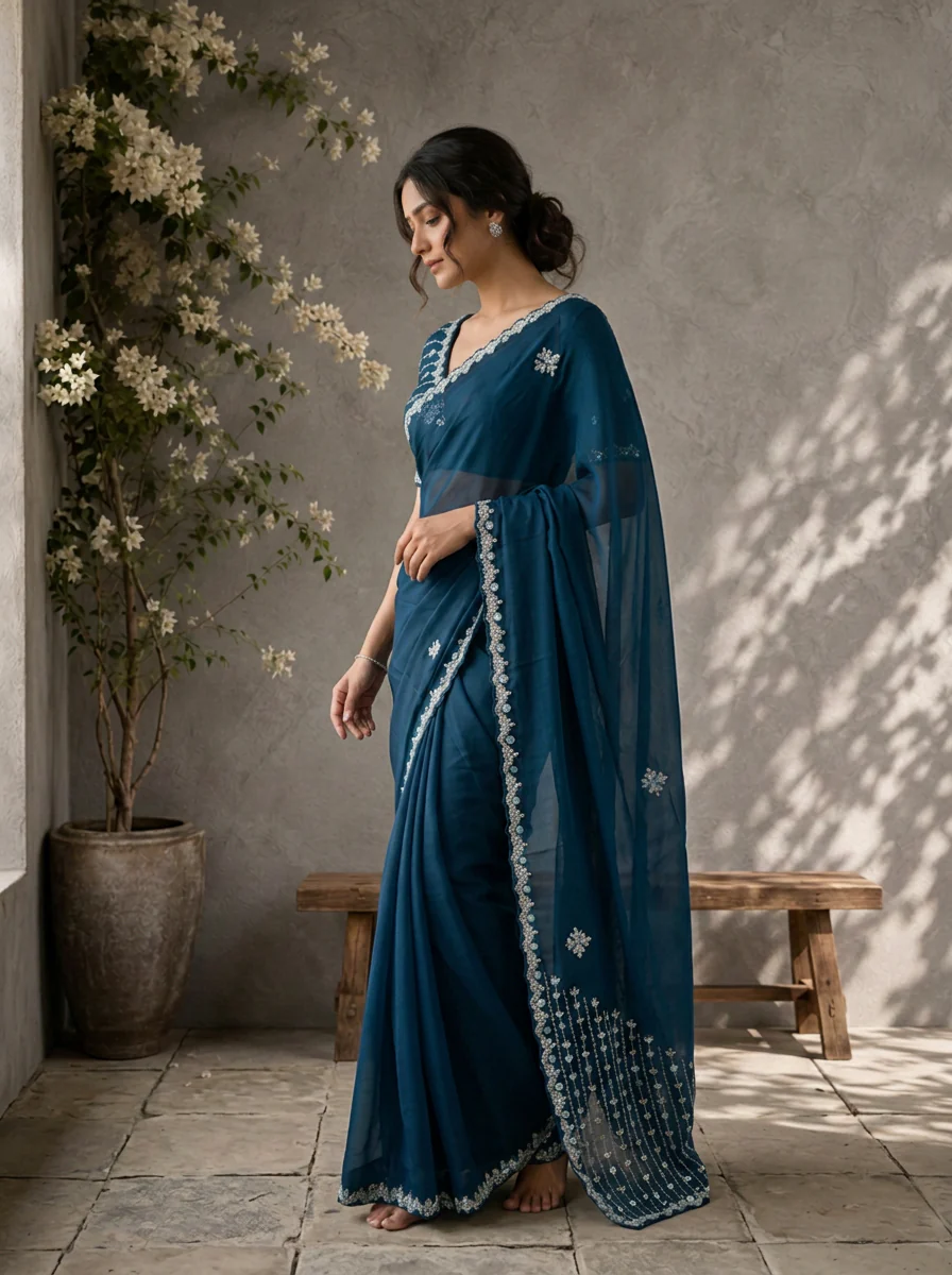 Peacock Organza Scattered Bead Embroidered Saree - Image 2