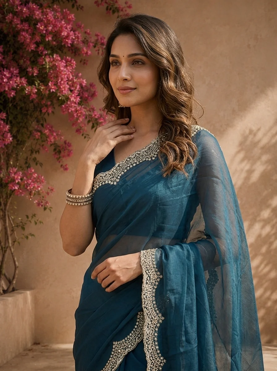 Peacock Organza Solid Saree With Heavy Scallop Stone And Bead Border