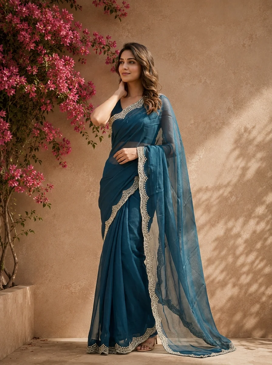 Peacock Organza Solid Saree With Heavy Scallop Stone And Bead Border - Image 2