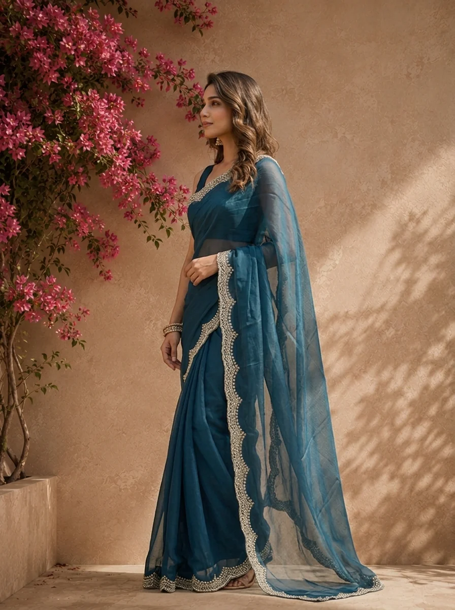 Peacock Organza Solid Saree With Heavy Scallop Stone And Bead Border - Image 3