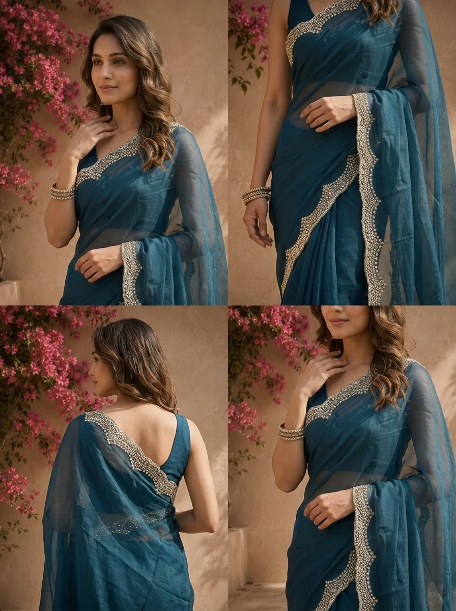 Peacock Organza Solid Saree With Heavy Scallop Stone And Bead Border - Image 4