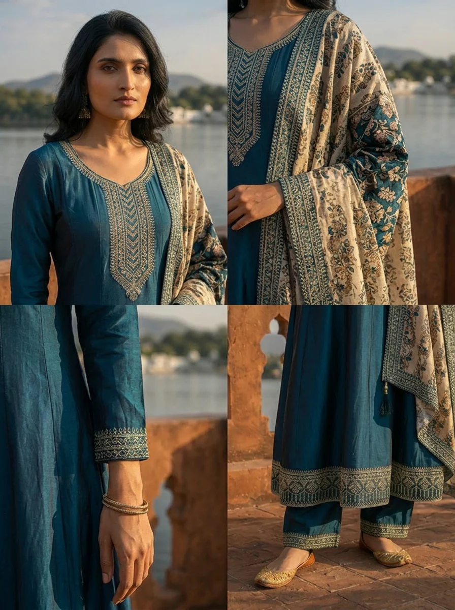 Peacock Silk Embroidery Three Piece Set With Contrast Dupatta - Image 6