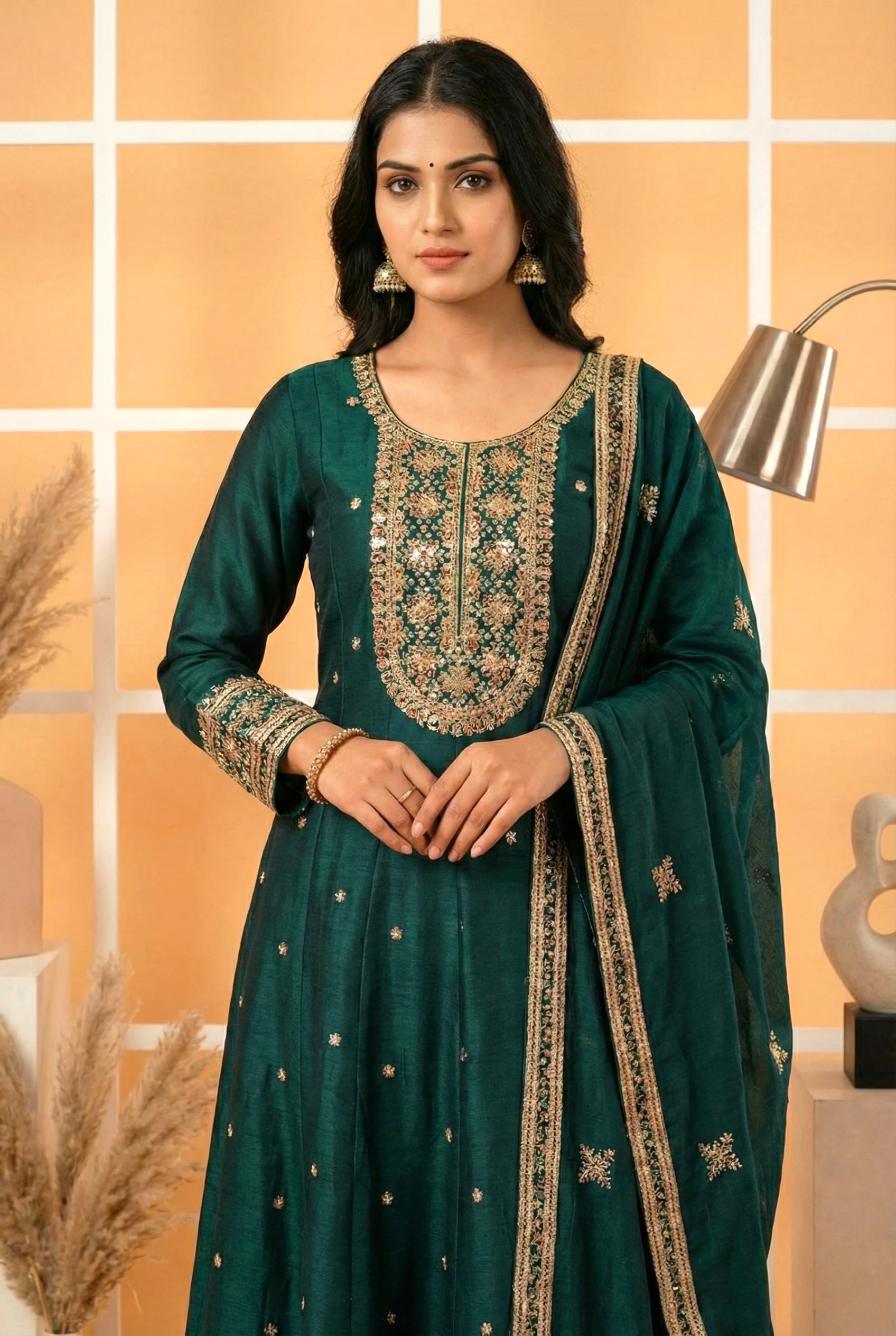 Peacock Silk Hand Embroidery Three Piece Set - Image 2