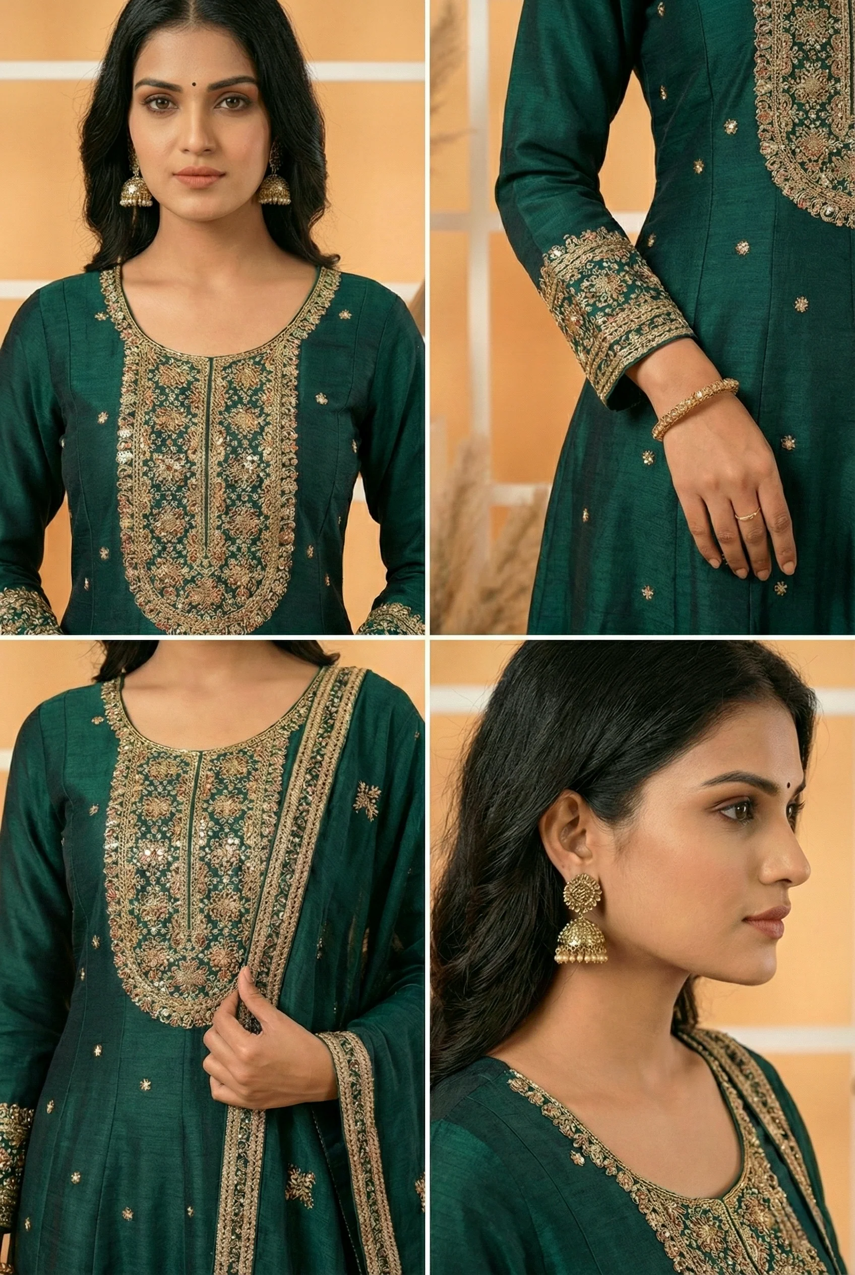 Peacock Silk Hand Embroidery Three Piece Set - Image 3