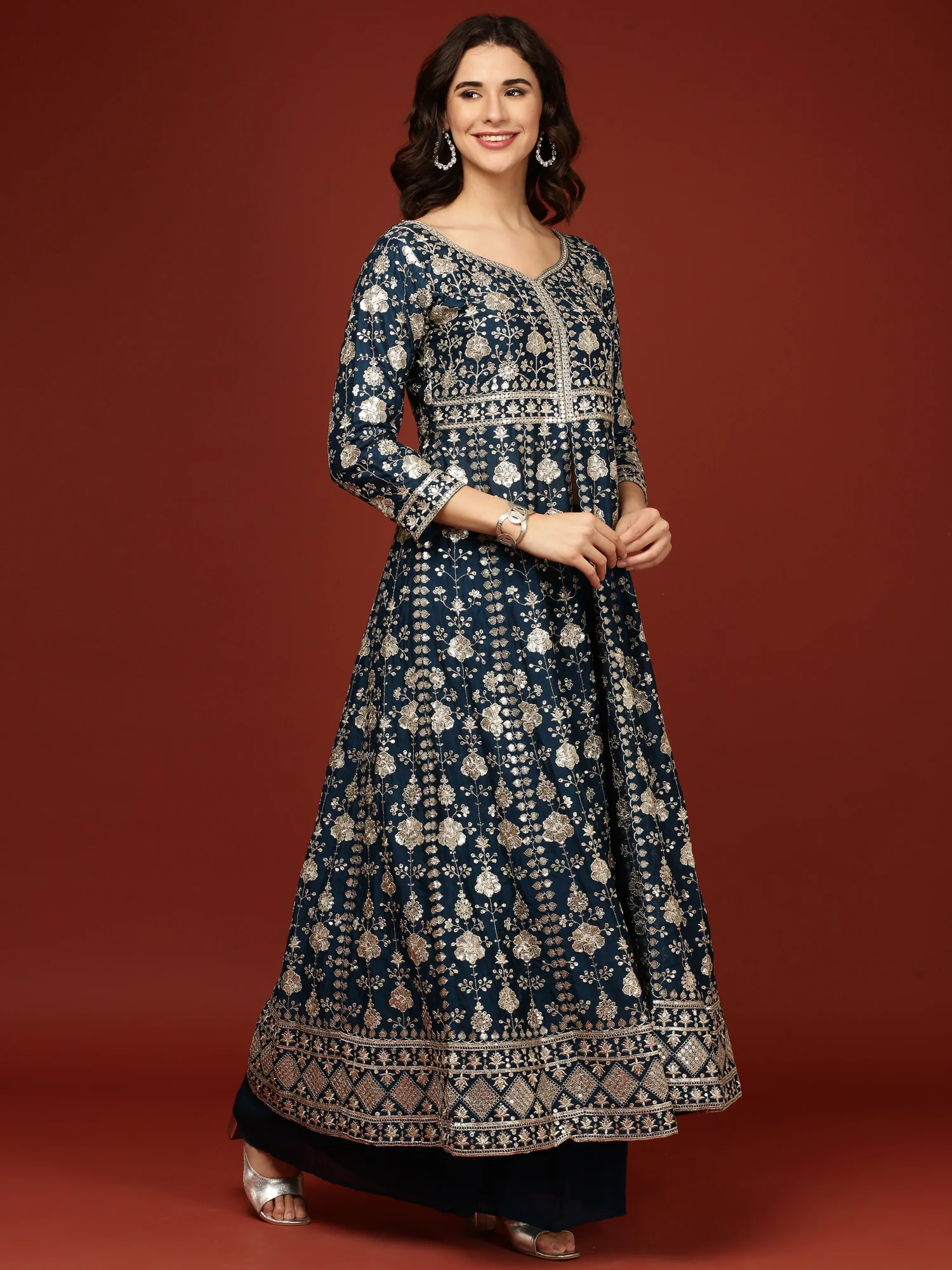 Peacock Vichitra Silk Anarkali Three Piece Set - Image 3