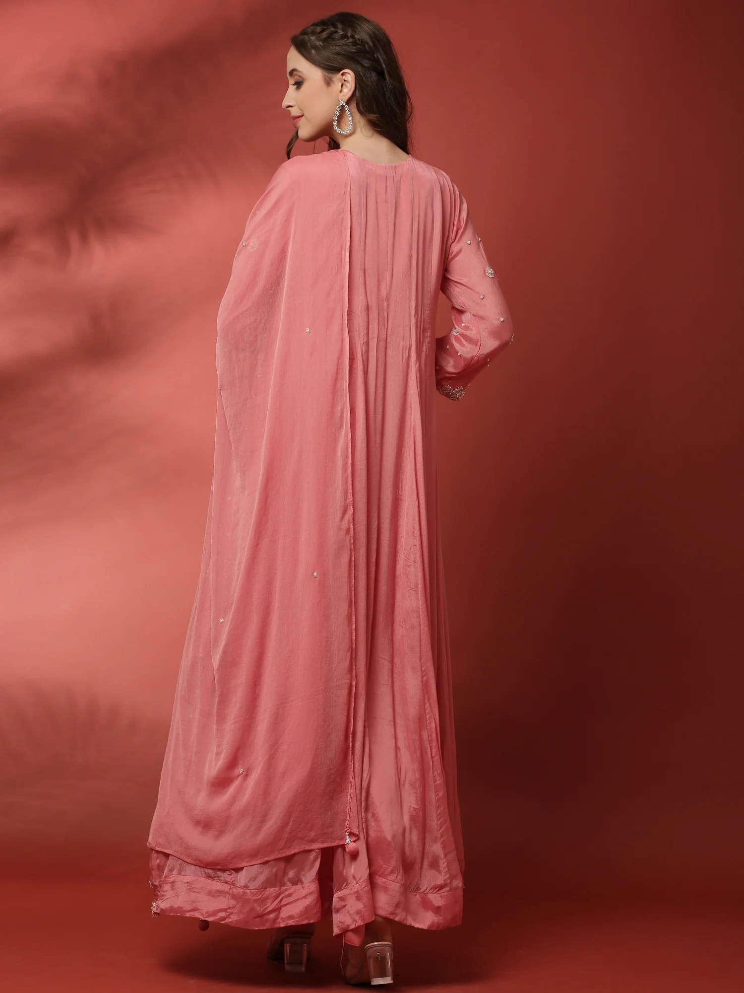 Pink Chinon Fabric Shoulder Long Kali Suit With Sequins Work - Image 3