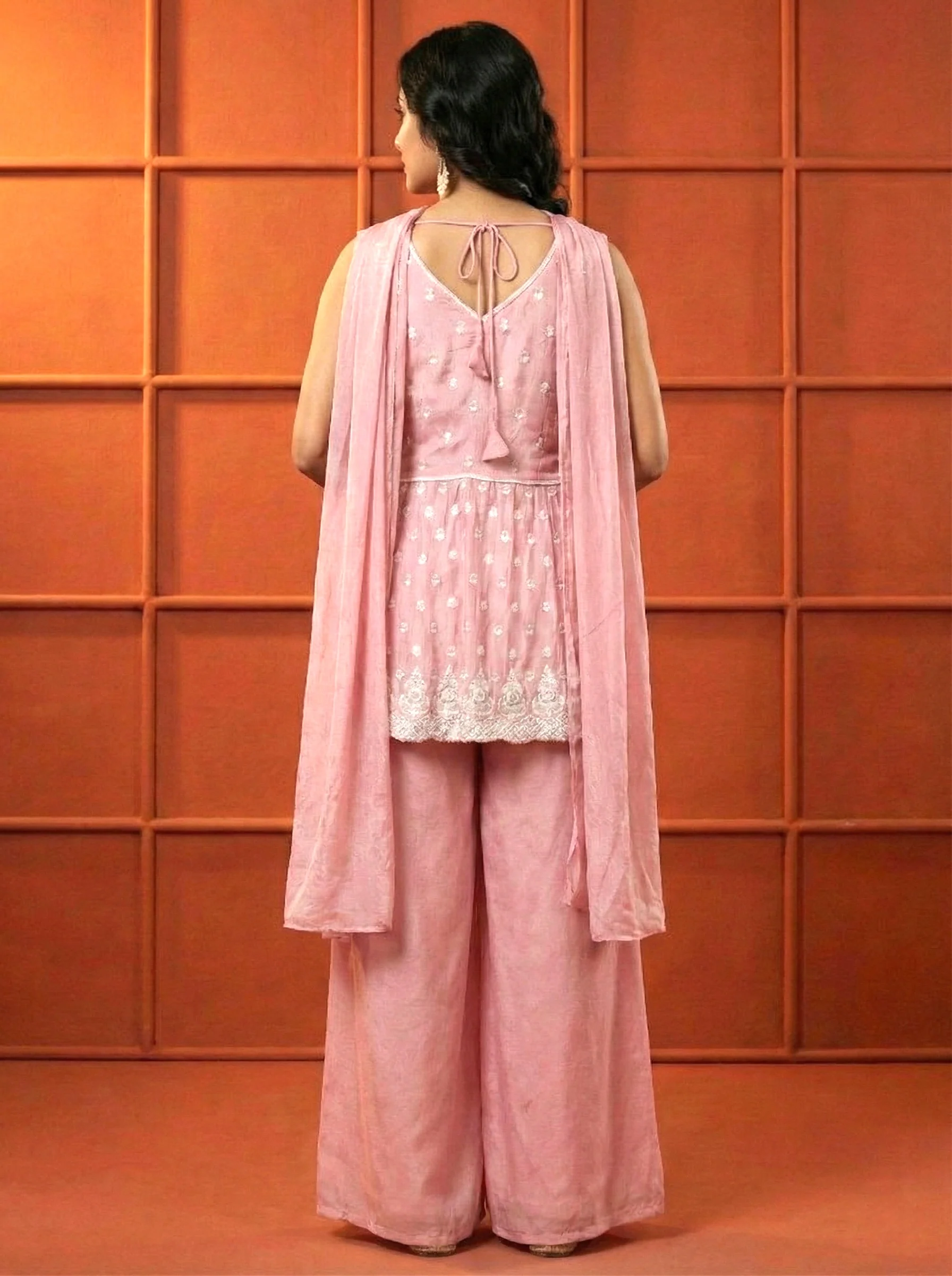 Pink Chinon Thread Embroidery Three Piece Set - Image 3