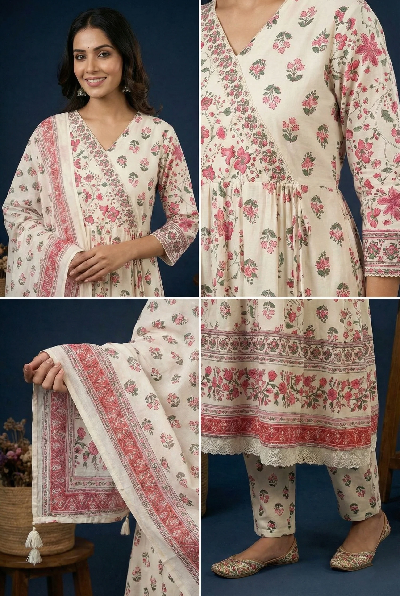 Pink Cotton Floral Digital Print Three Piece Set - Image 4