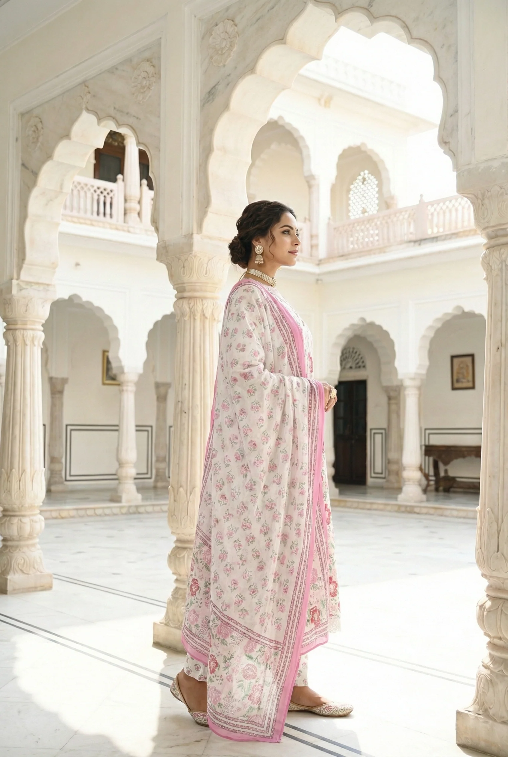 Pink Cotton Floral Hand Embroidered Three Piece Set - Image 3