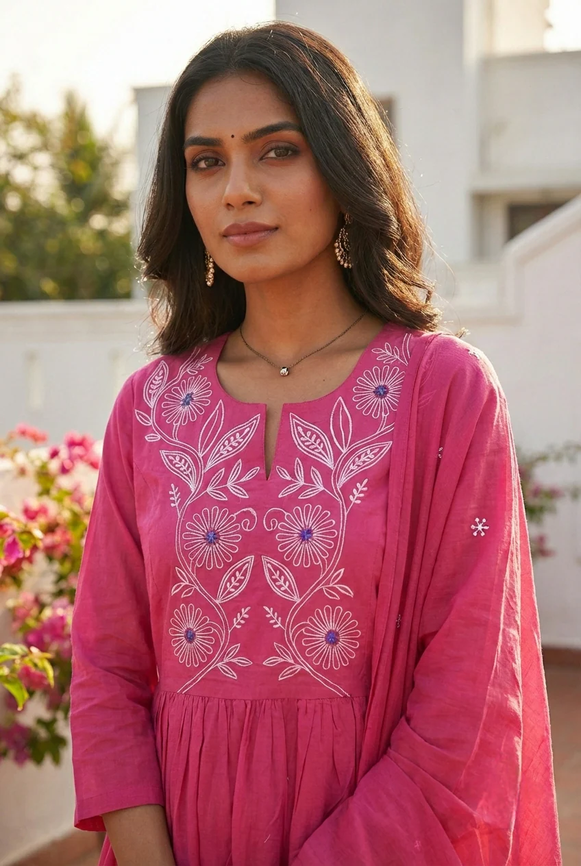 Pink Cotton Floral Hand Embroidery Three Piece Set - Image 4
