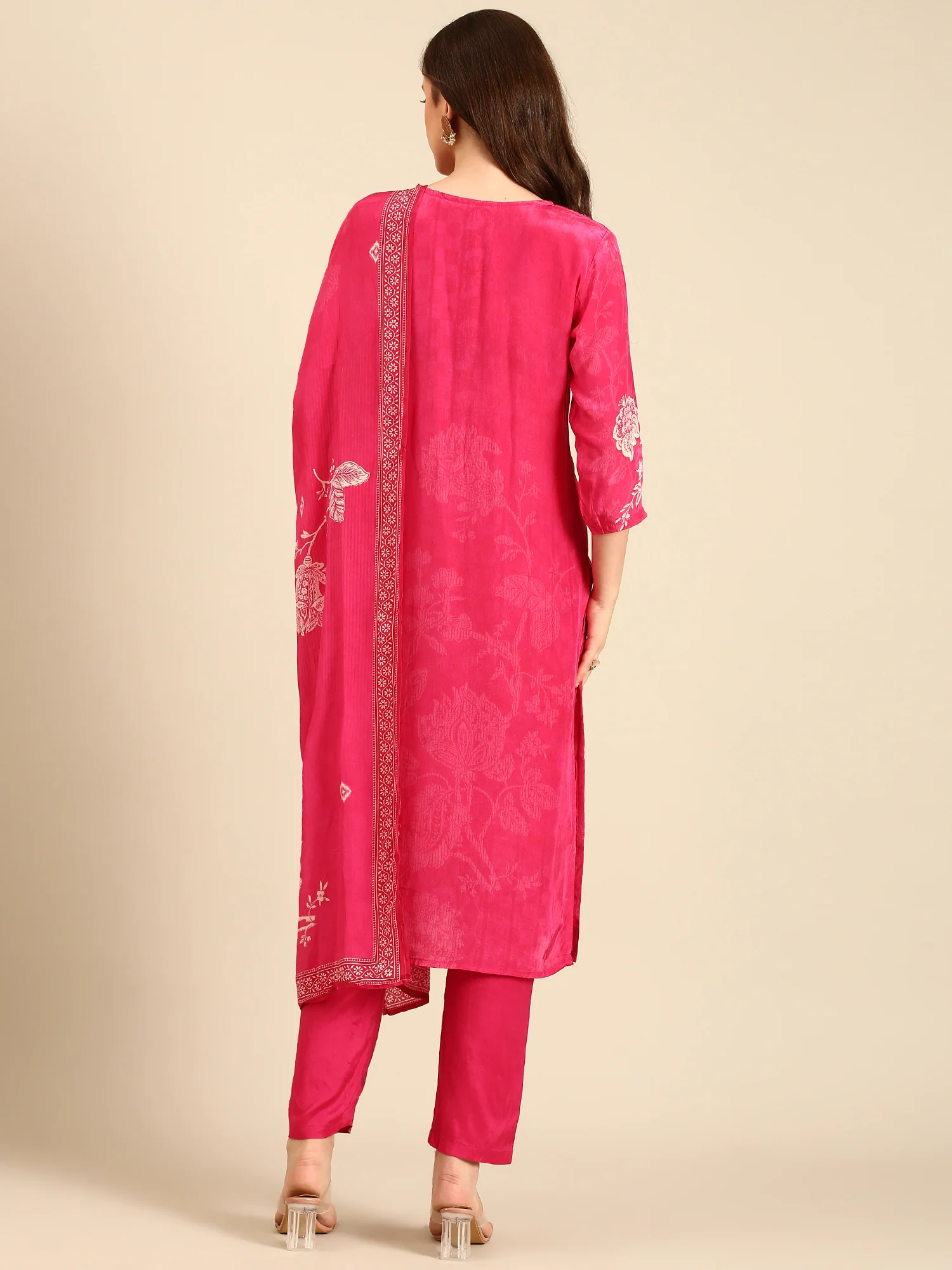 Pink Crepe Floral print three piece suit set - Image 3