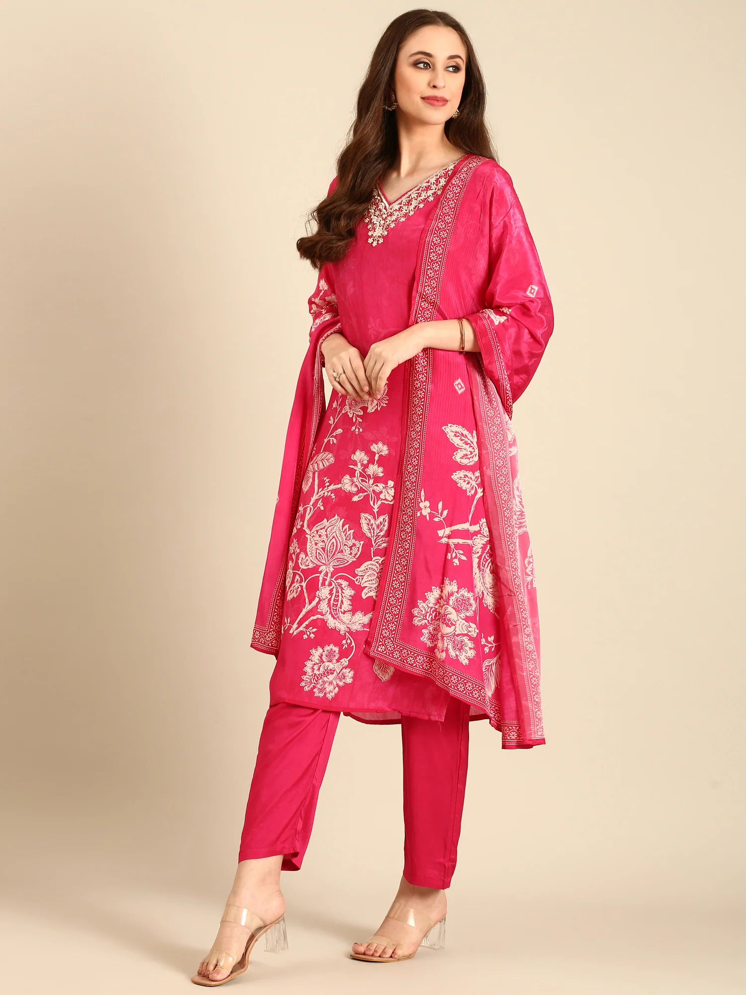 Pink Crepe Floral print three piece suit set - Image 6