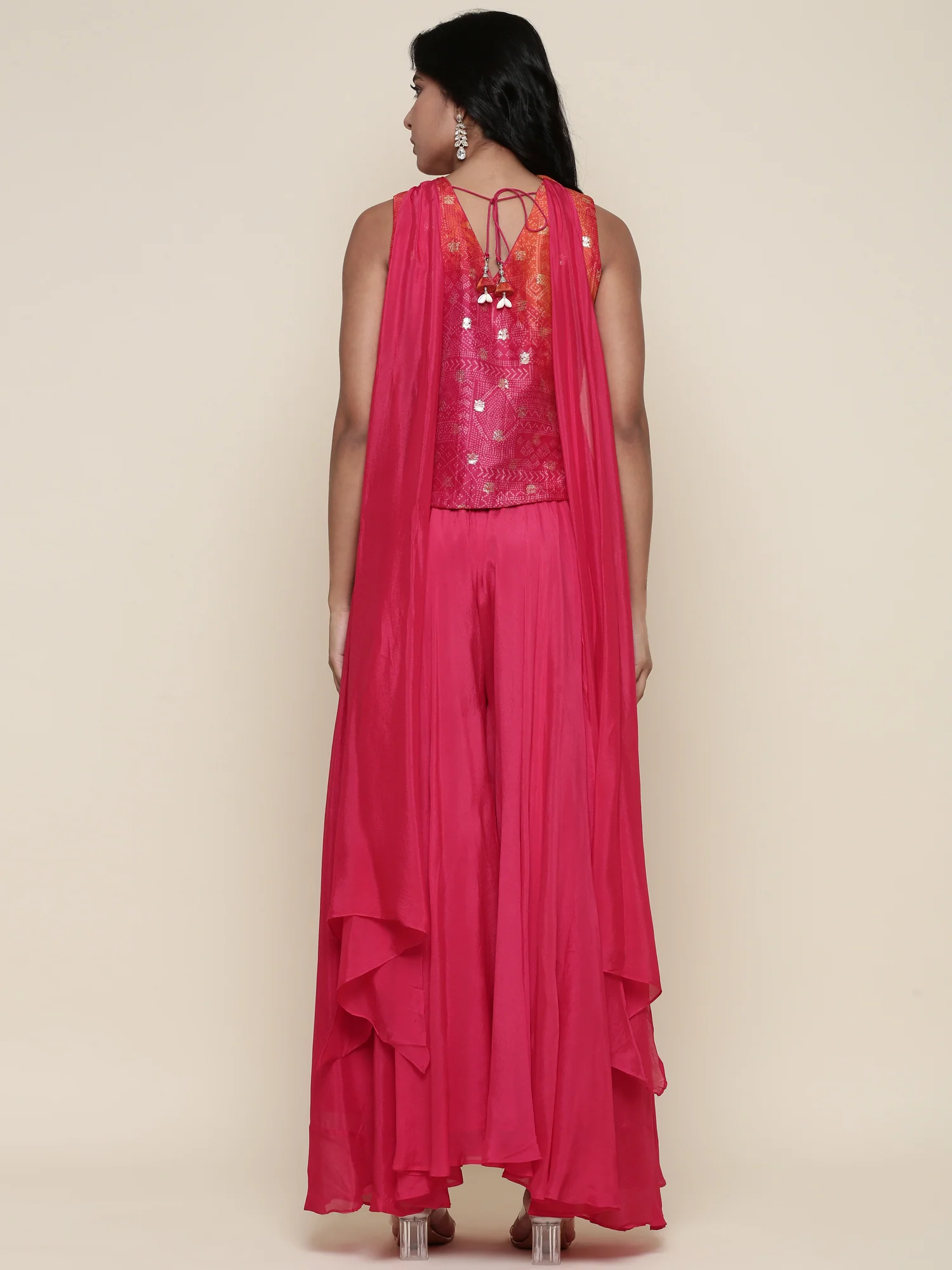 Pink Embroidered jacket flared Palazzo three piece set - Image 3