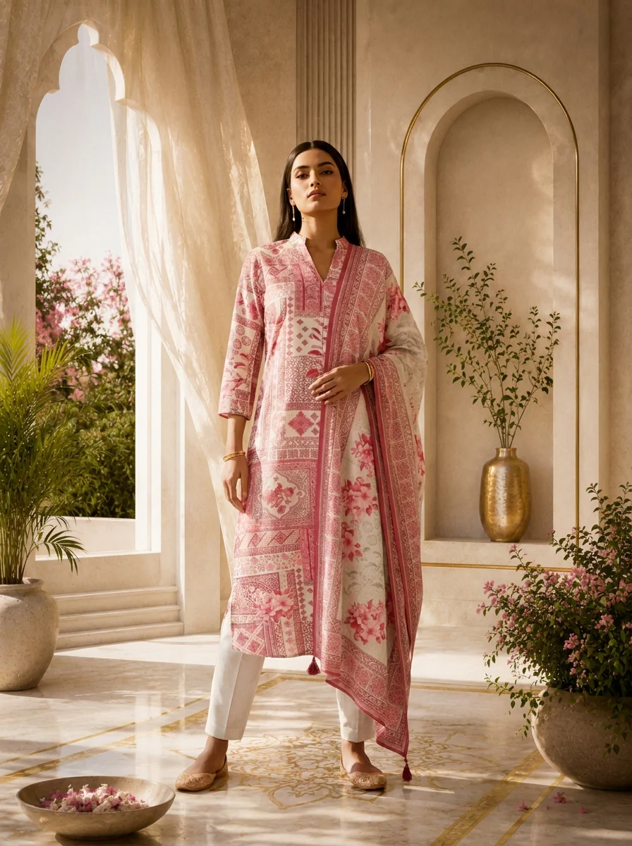 Pink Heavy Floral Printed Rayon Three Piece Set - Image 2
