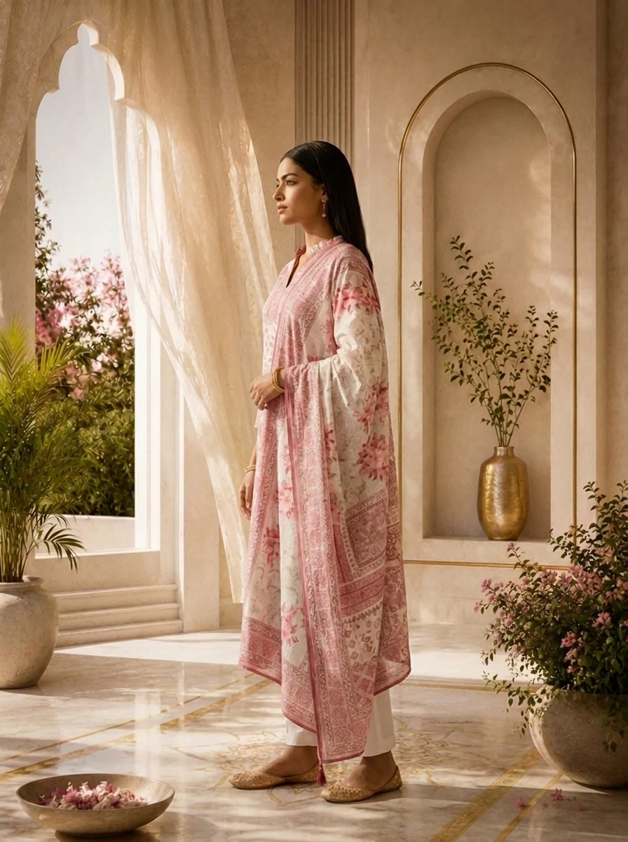 Pink Heavy Floral Printed Rayon Three Piece Set - Image 4