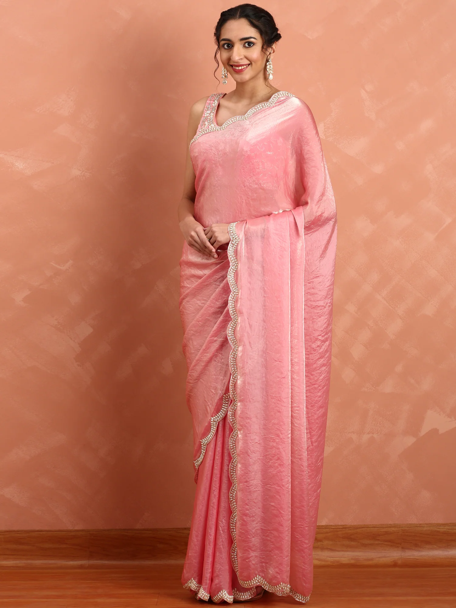 Pink Jimmy tissue saree with pearl & cut Dana embroidery with ready made blouse - Image 4
