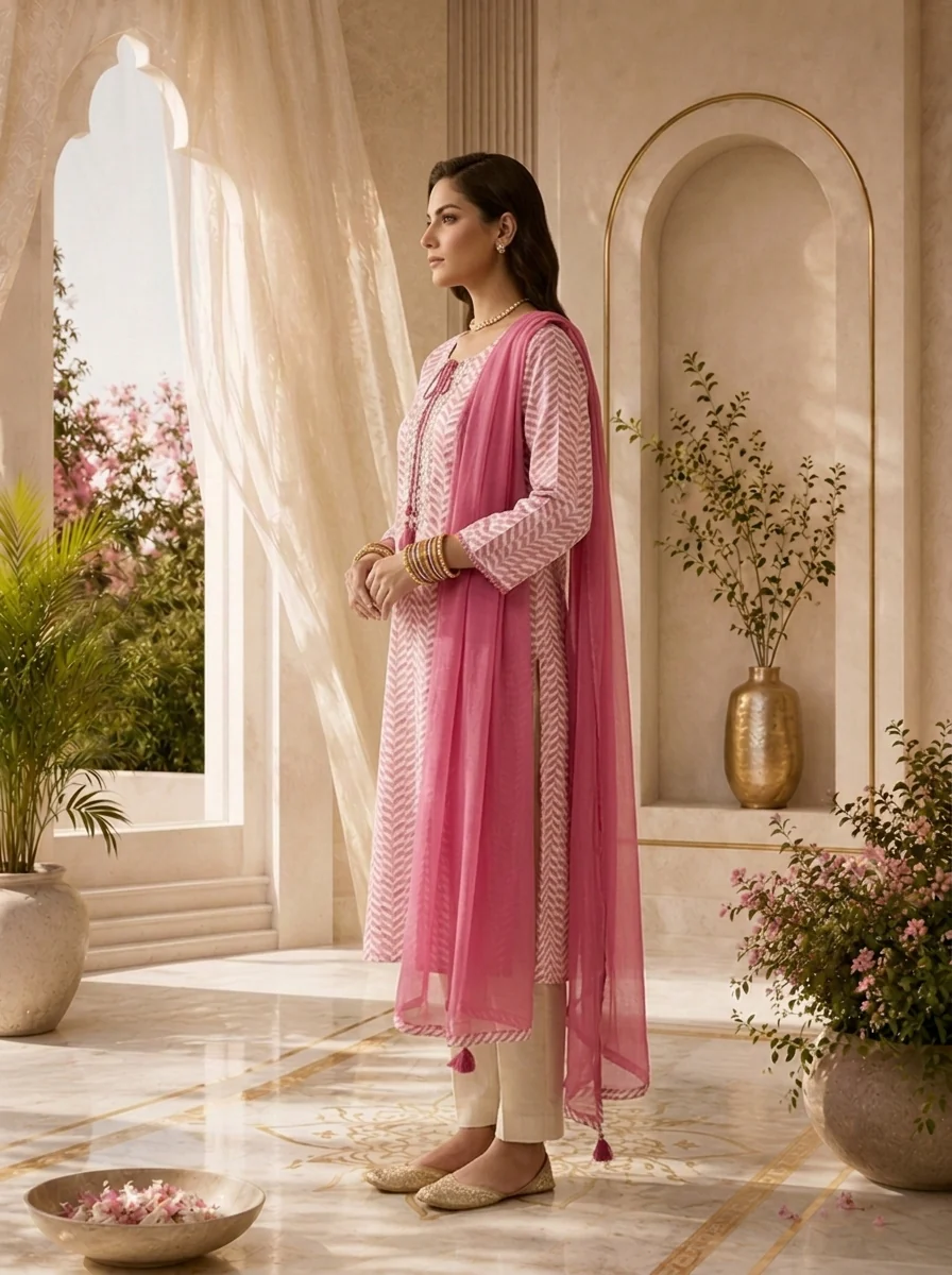 Pink Linen Mirror Embroidery And Striped Design Three Piece Set - Image 3
