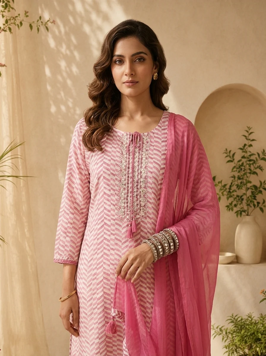 Pink Linen Mirror Embroidery And Striped Design Three Piece Set - Image 4