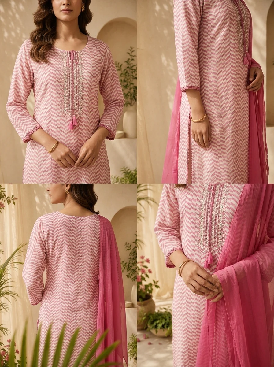 Pink Linen Mirror Embroidery And Striped Design Three Piece Set - Image 5