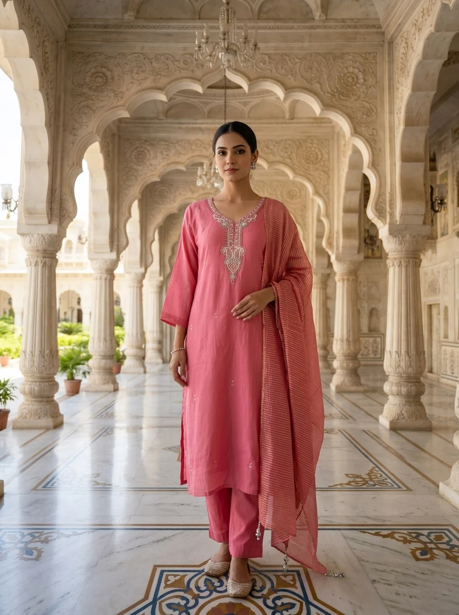 Pink Muslin Heavy Stone And Zari Embroidery Three Piece Set
