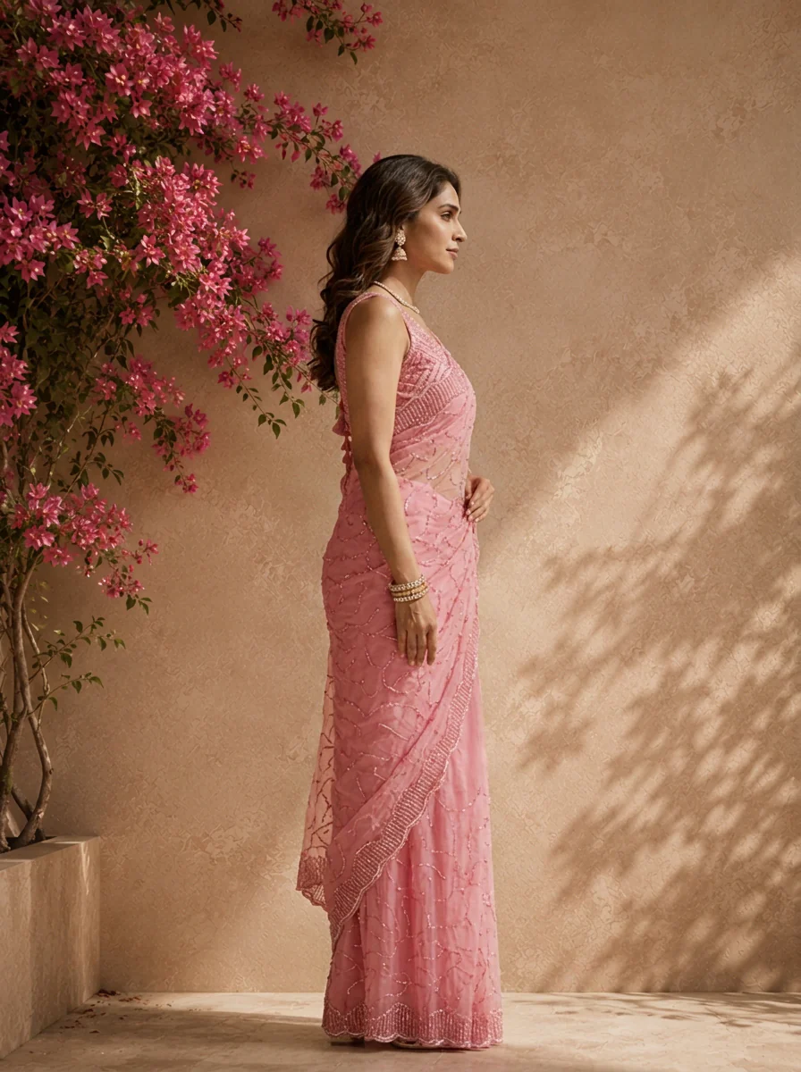 Pink Organza Embroidered Saree With Cutdana Jaal And Scallop Sequin Border - Image 2
