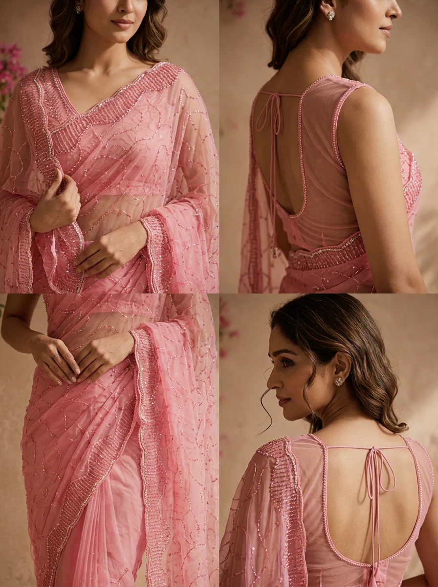 Pink Organza Embroidered Saree With Cutdana Jaal And Scallop Sequin Border - Image 4