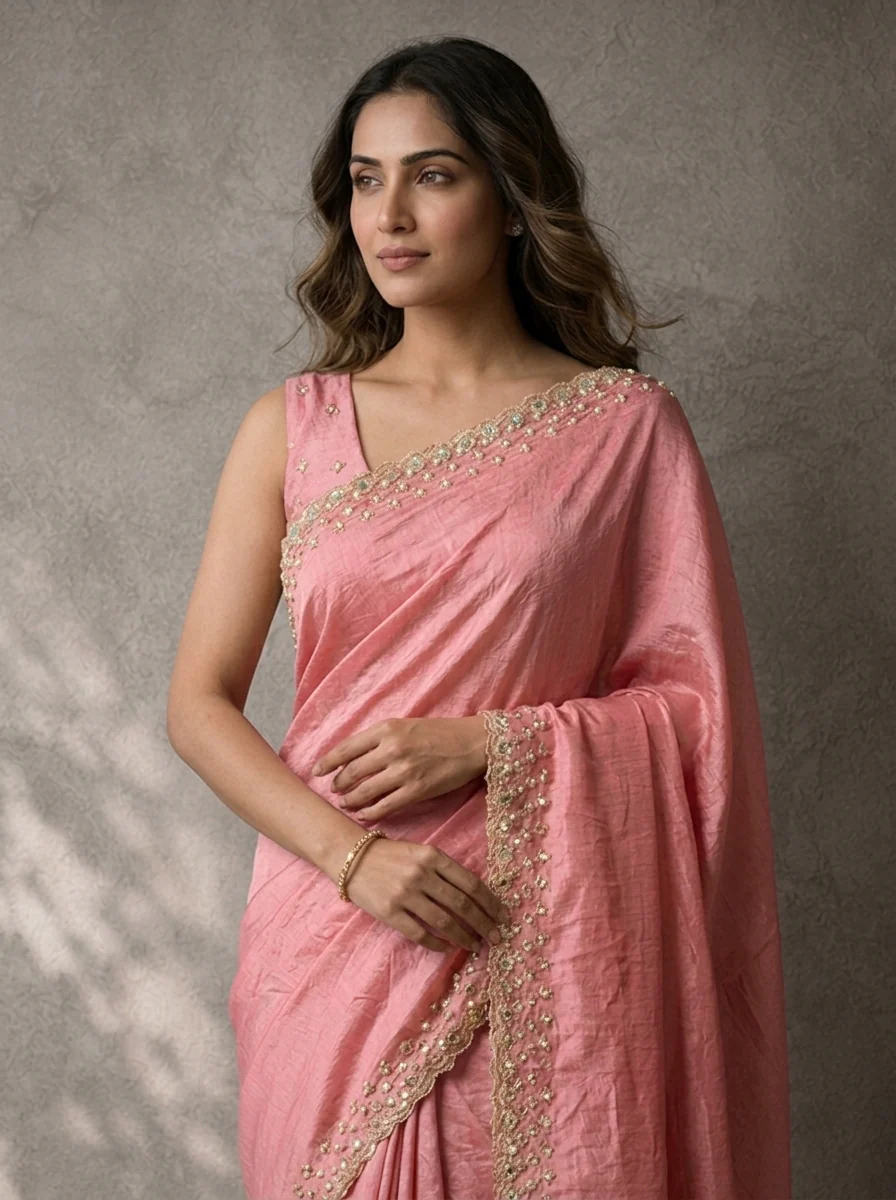 Pink Organza Solid Saree With Mirror And Pearl Border - Image 3