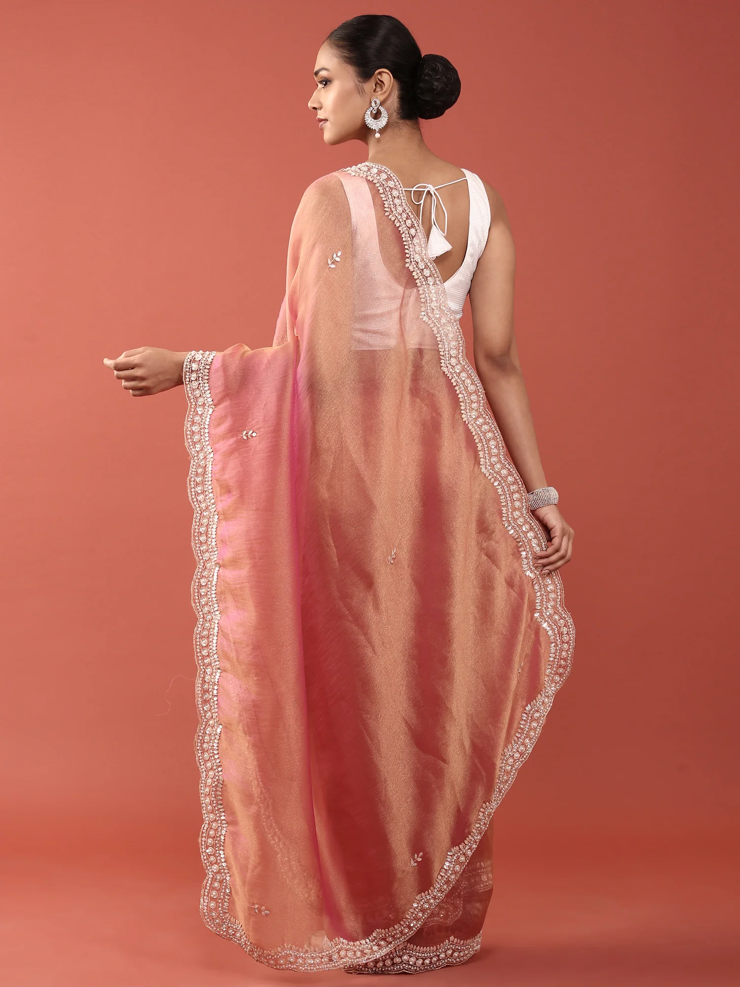 Pink Organza Stone And Thread Embroidery Saree - Image 2