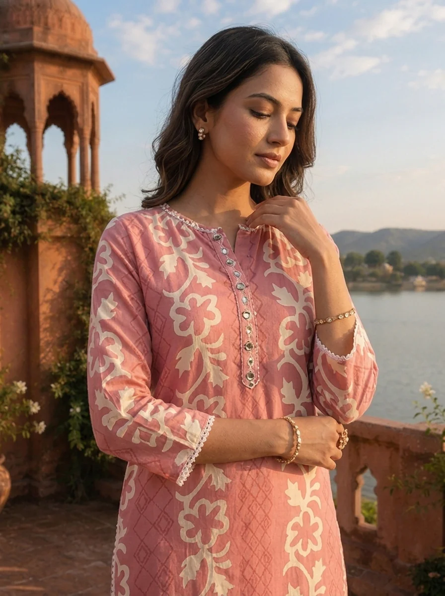 Pink Rayon Floral Stripe Printed Kurta - Image 4
