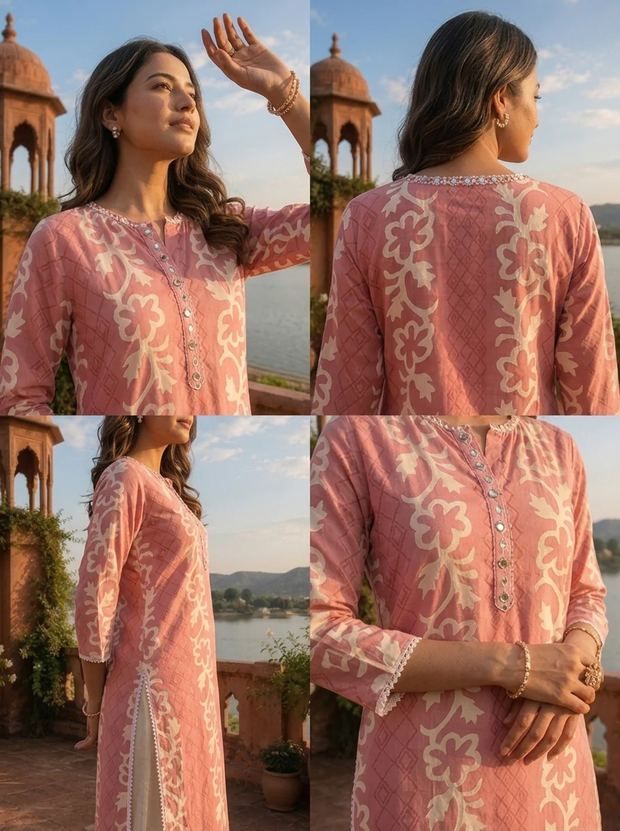 Pink Rayon Floral Stripe Printed Kurta - Image 5