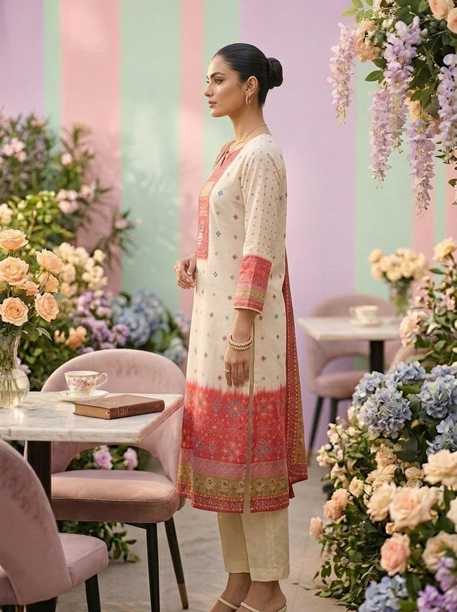 Pink Rayon Printed Three Piece Set - Image 3