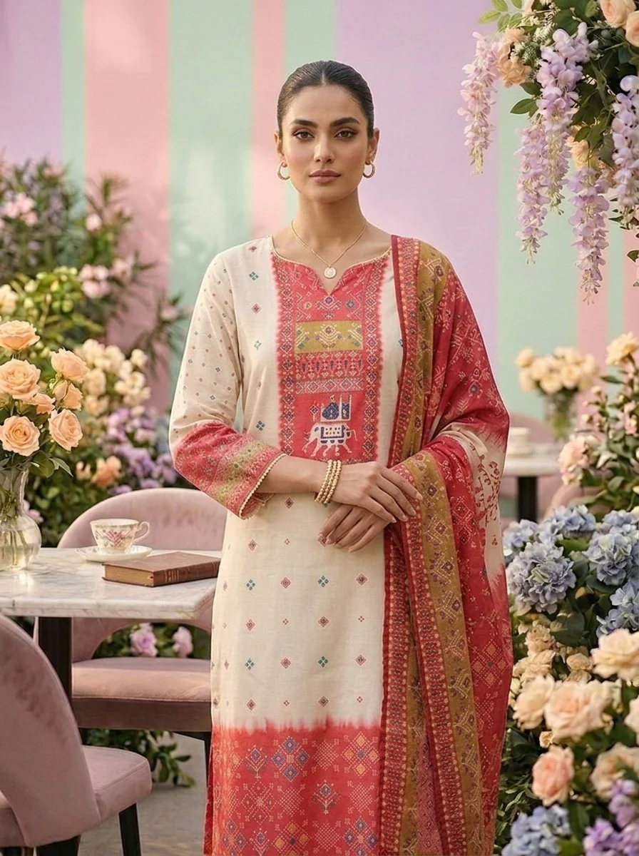 Pink Rayon Printed Three Piece Set - Image 4