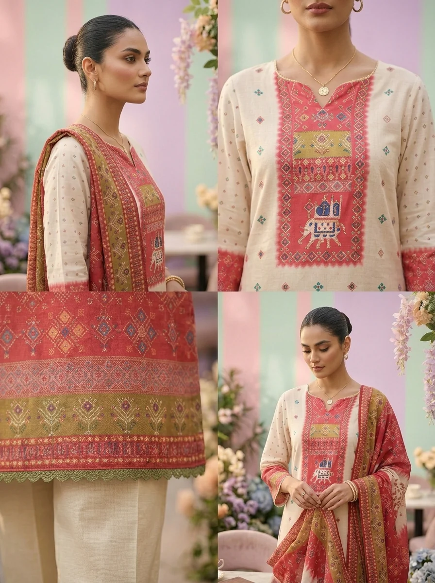 Pink Rayon Printed Three Piece Set - Image 5