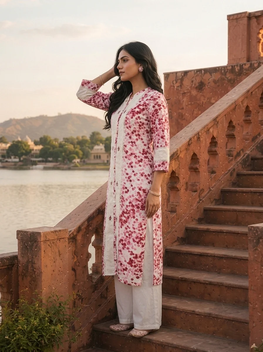 Pink Rayon Red Cherry Blossom Printed Kurta - Image 3