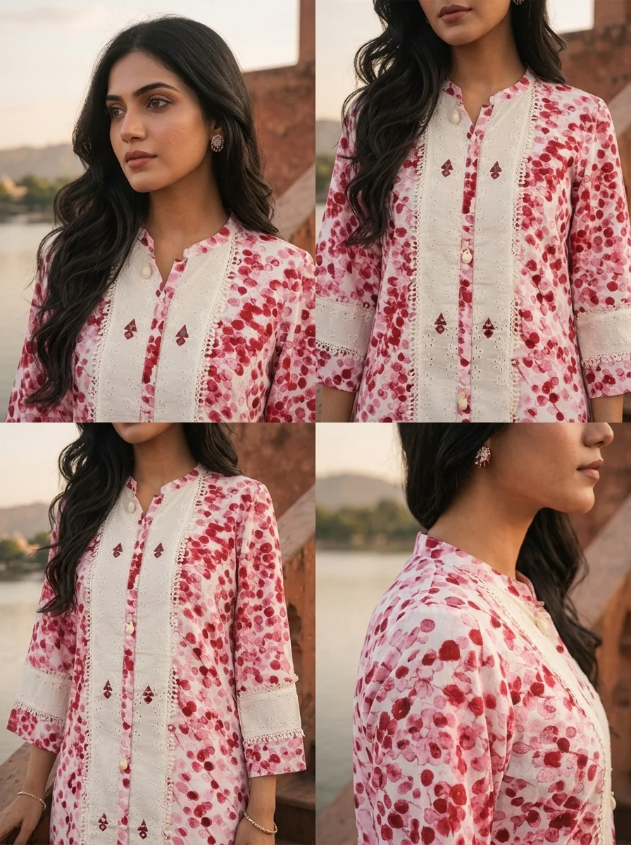 Pink Rayon Red Cherry Blossom Printed Kurta - Image 5