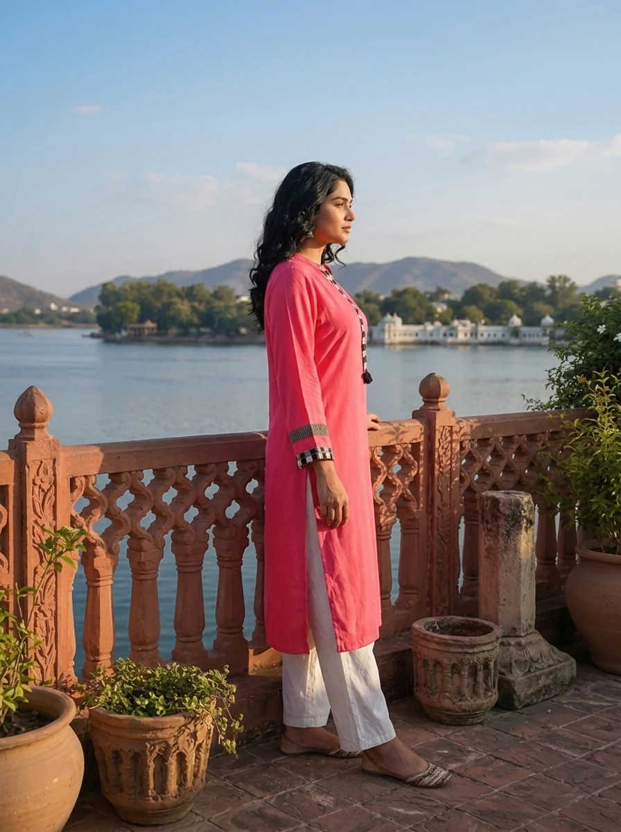 Pink Rayon Solid With Checkered Placket Kurta - Image 2