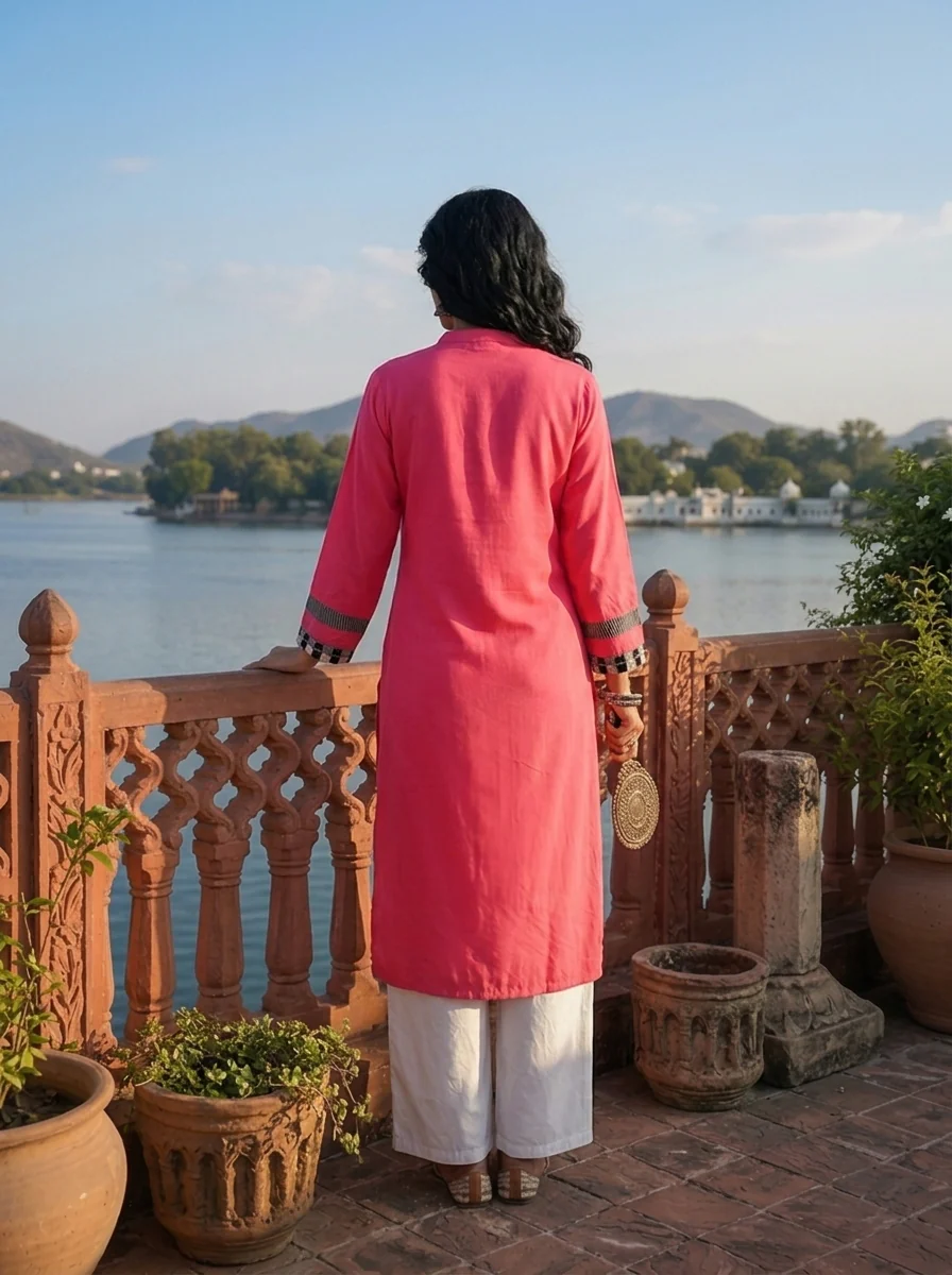 Pink Rayon Solid With Checkered Placket Kurta - Image 3