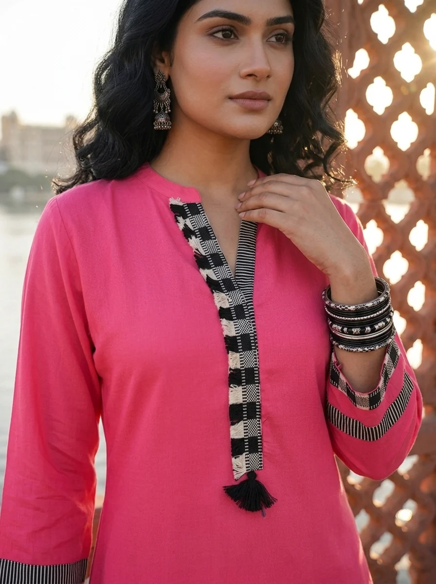 Pink Rayon Solid With Checkered Placket Kurta - Image 4