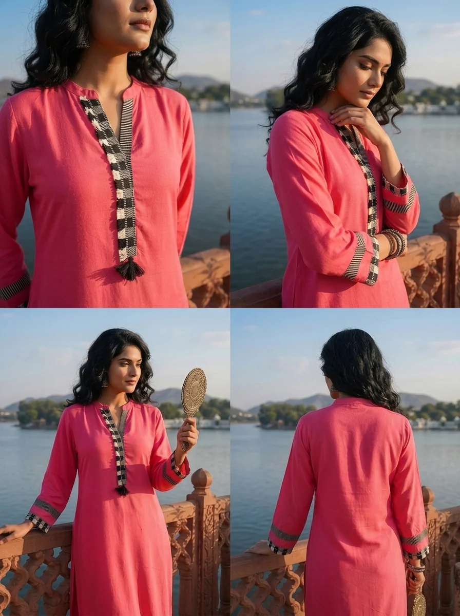 Pink Rayon Solid With Checkered Placket Kurta - Image 5