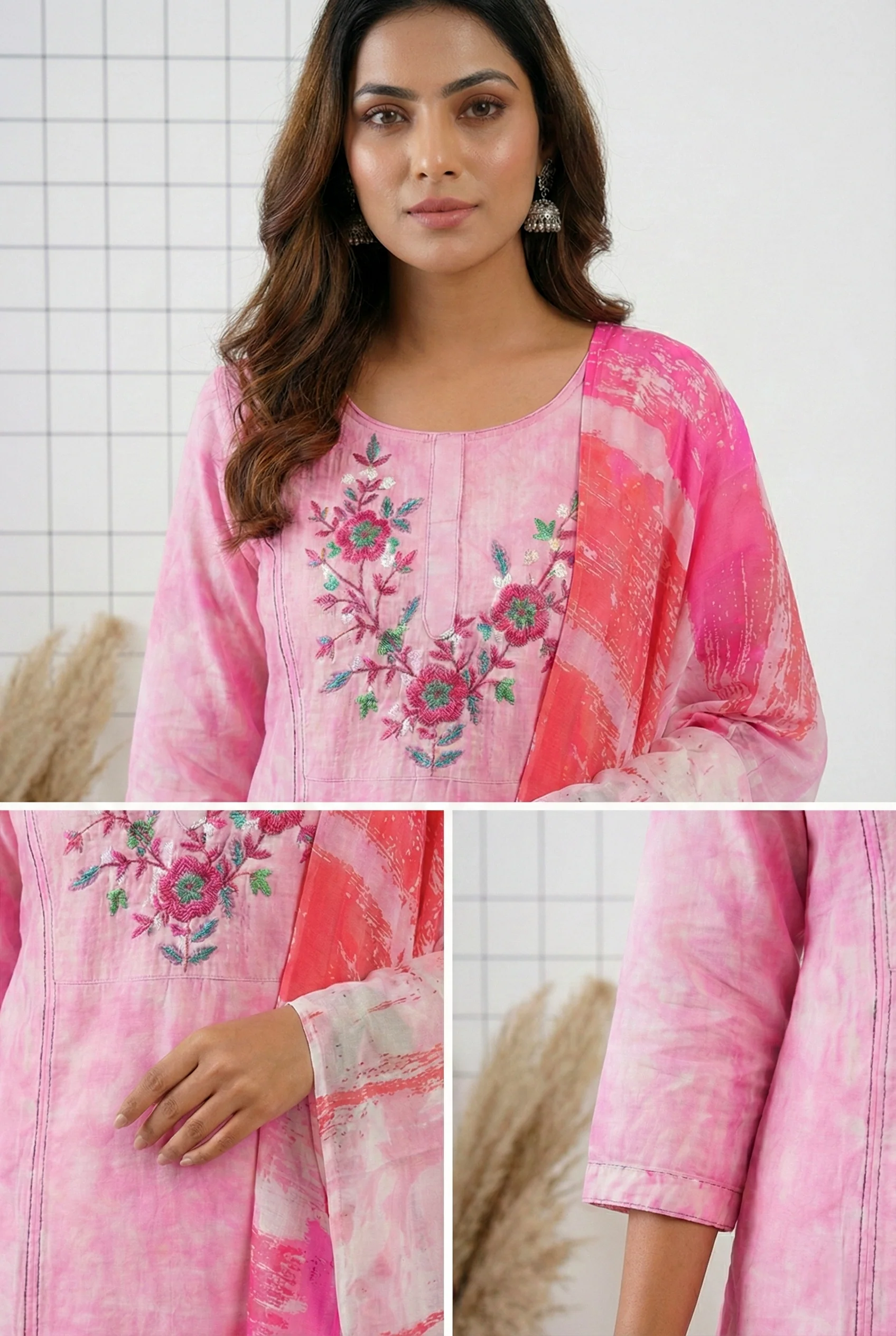 Pink Silk Hand Embroidery Three Piece Set - Image 3