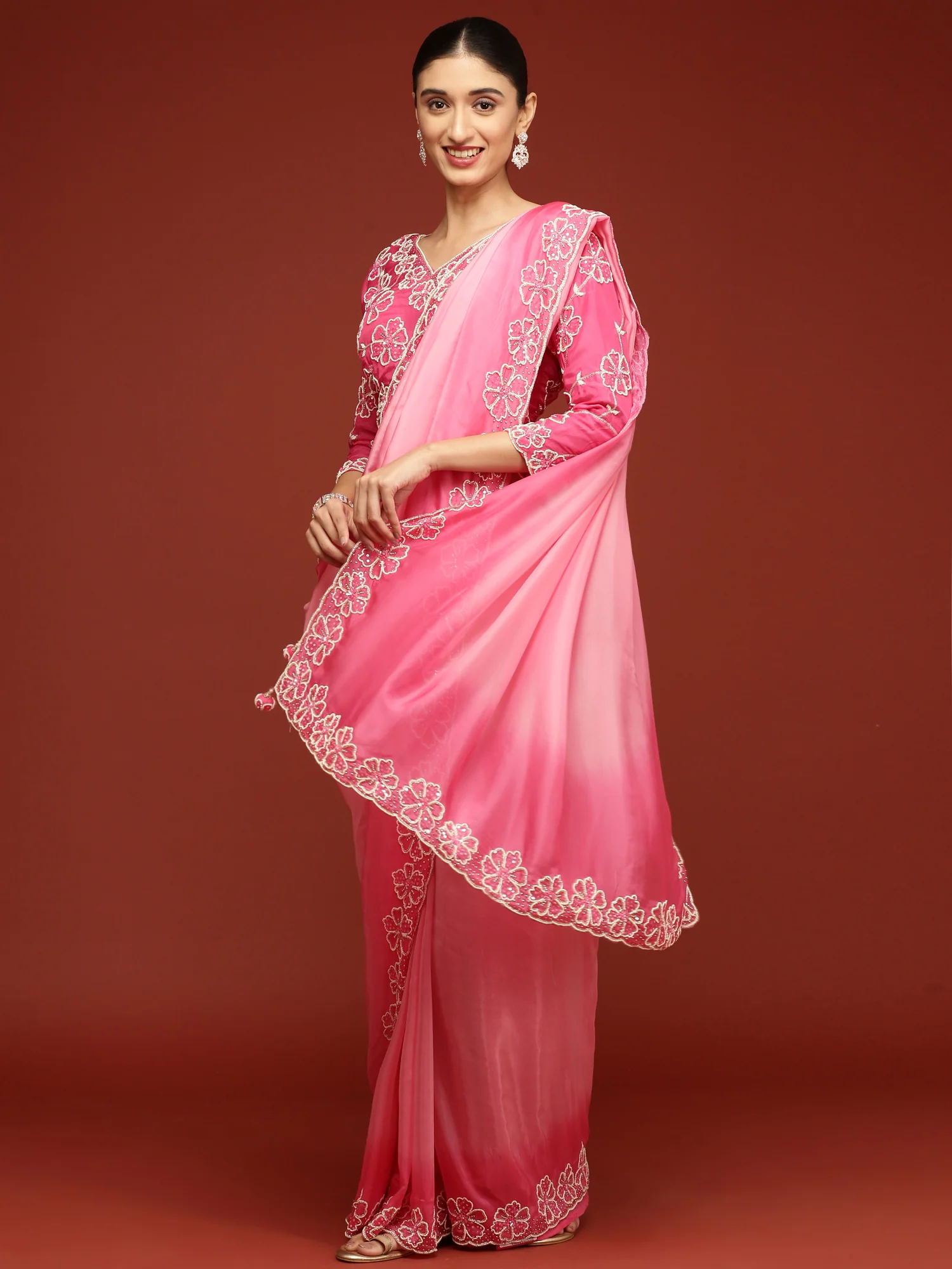 Pink Silk Saree With Stone Work Readymade Blouse - Image 2