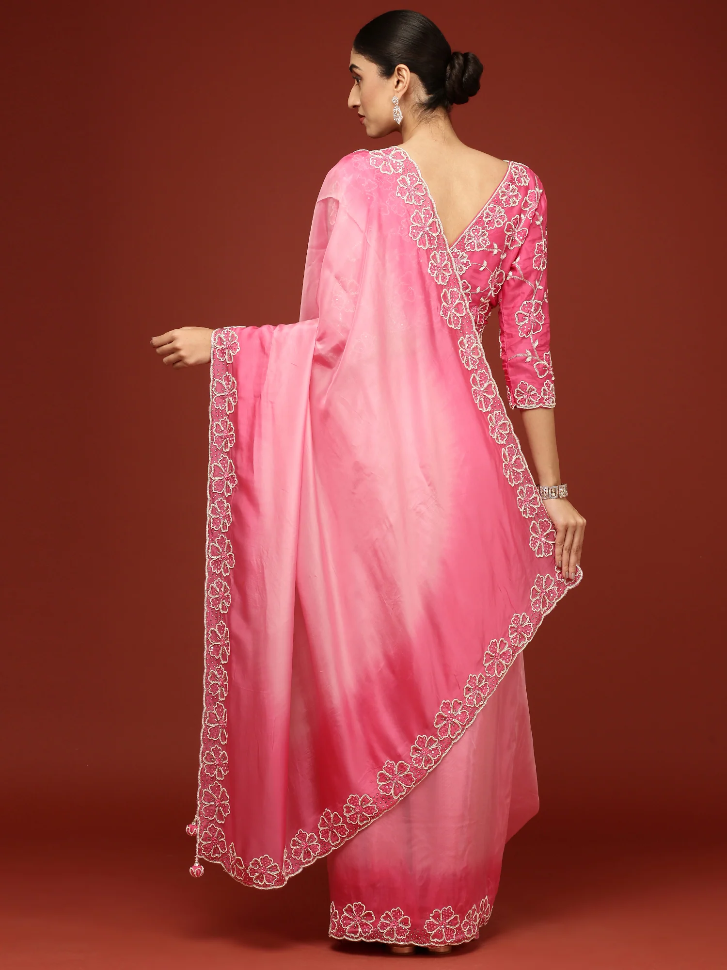 Pink Silk Saree With Stone Work Readymade Blouse - Image 3