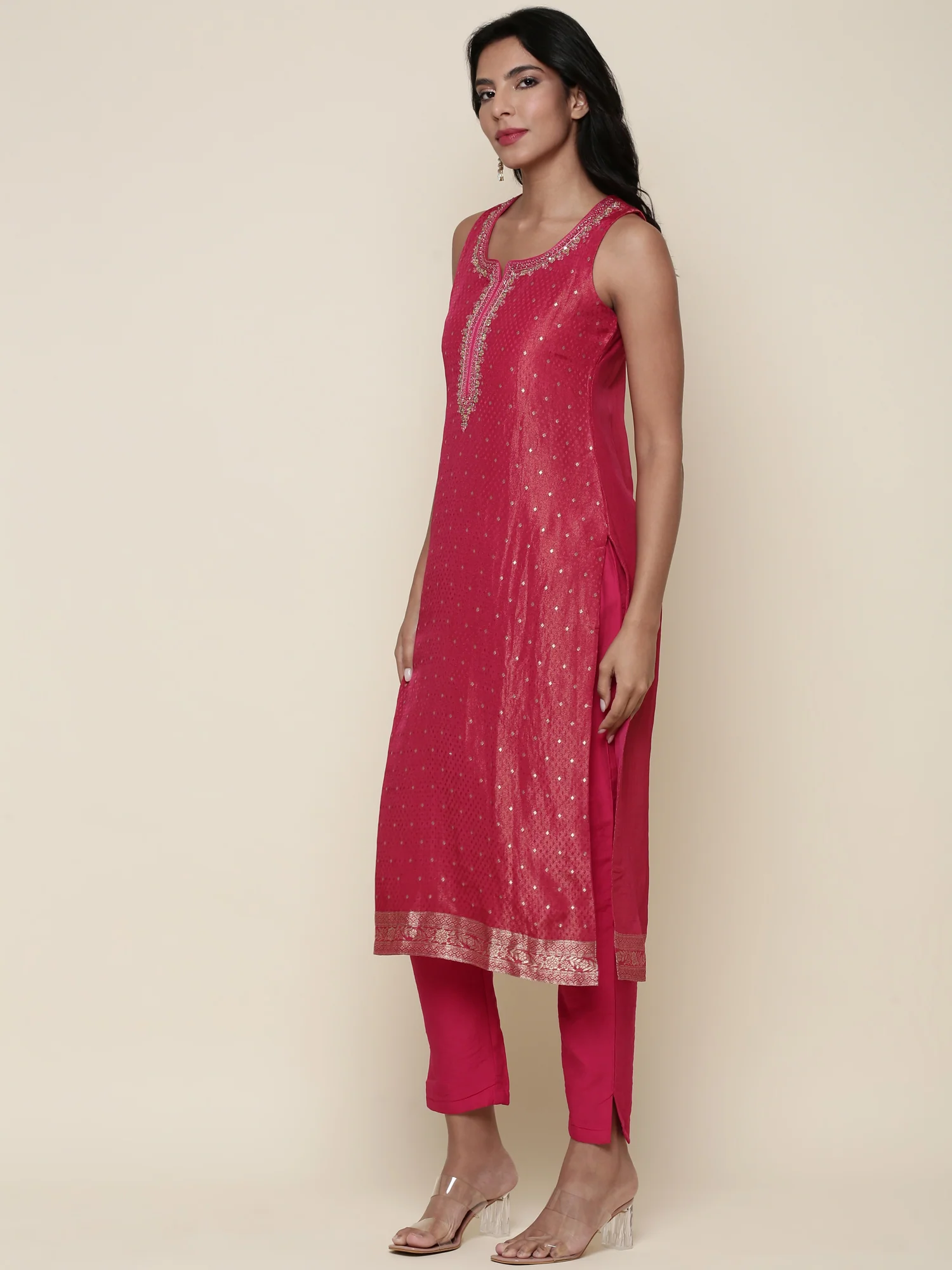 Pink tissue fabric embroidered Three piece suit set - Image 3